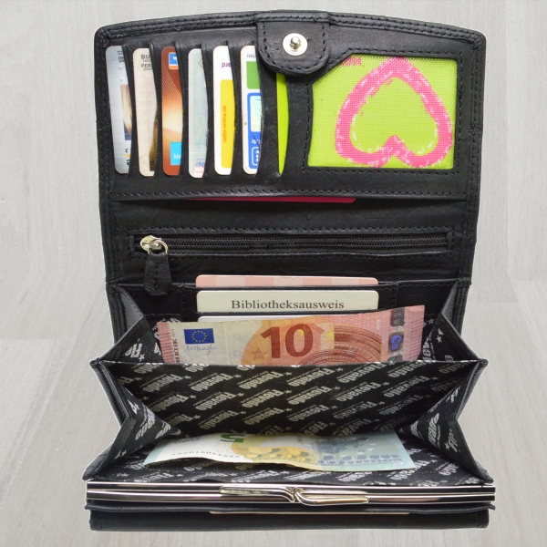 flevado Portemonnaie Schwarz Damen Leder Geldbörse Damenbrieftasche mit Klippfach RFID Schutz